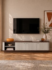 Szafka RTV Vesper 3D 187 cm na cokole - kaszmir / orzech / czarne uchwyty
