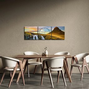 Zdjęcie góry i wodospadów na Islandii (z zegarem) (90x30 cm)