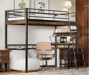 Łóżko mezzanine 90x200cm - z biurkiem + półkami + barierkami - Czarny