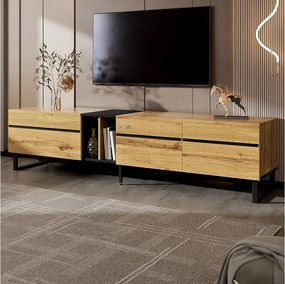 Nowoczesna niska szafka RTV - 180 x 38 x 45 cm - z 3 drzwiami + otwarte półki - płyta wiórowa - naturalna