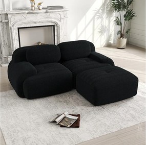 Narożnik z zaokrąglonymi podłokietnikami - sofa 2-osobowa z oparciem i ozdobnymi poduszkami - czarny sztruks