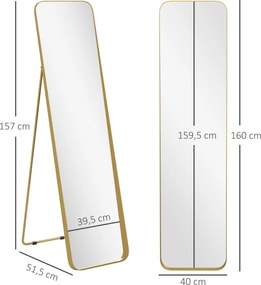 HOMCOM Lustro całego ciała, wolnostojące, regulowane, ramka metalowa, MDF, 160 x 40 cm, Złote