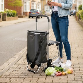 HOMCOM wózek na zakupy, torba Oxford 40 l, design 3 kół, rama aluminiowa, siedzisko, ciemnoszary | Aosom PL