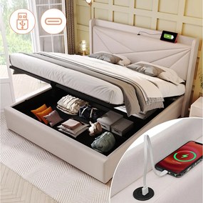 Łóżko ze schowkiem 180 x 200 cm - USB + typ C - tkanina lniana - beż