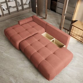 Masseno Narożnik FLUMA z funkcją spania i pojemnikiem na pościel Narozniki L, Rozkładana sofa - Koralowy, CASTEL 55