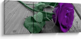 Obraz - Fioletowa róża z zieloną łodygą (z zegarem) (90x30 cm)