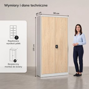 Szafa na dokumenty biurowa metalowa szara / dąb sonoma: Eco Design JAN H 900 x 1950 x 400 mm