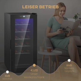 HOMCOM Lodówka na Wino, Cicha, 5-18°C, Dotykowy, Oświetlenie, 34,5x45x78cm, Czarna