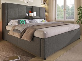 Tapicerowane łóżko z pojemnikiem 140x190cm - z ukrytym schowkiem na kubki - z portami USB i Type-C - z stelażem lamelowym - Len - Szary (bez materaca)