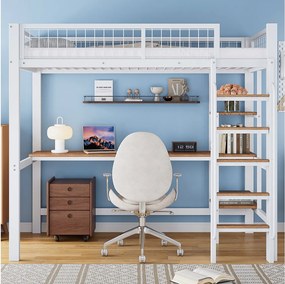 Łóżko piętrowe 90 x 200 cm z biurkiem i półkami - Metal + MDF - Biały + naturalny (bez materaca)