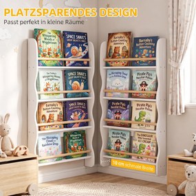 AIYAPLAY Regał na książki dla dzieci, regał z 4 półkami, regał ścienny z zabezpieczeniem antywywrotowym Montessori 60 x 10 x 98 cm, Biały | Aosom PL