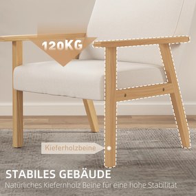 HOMCOM Fotel tapicerowany z podłokietnikami, krzesło do jadalni w wyglądzie lnu, rama z litego drewna, 64 x 70 x 72 cm, kremowy