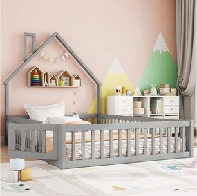 Łóżko dziecięce tapicerowane - 140 x 190 cm - kominek - ze stelażem listwowym (bez materaca) - MDF - szare