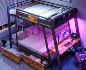 Łóżko piętrowe z metalu 90x200 cm - z gniazdkiem elektrycznym - z portami USB i Type-C - z oświetleniem LED - z 2 koszami do przechowywania - czarny