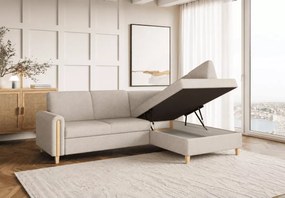 Narożnik Seatle – designerski mebel wypoczynkowy z funkcją spania delfin, pojemnikiem i drewnianymi detalami