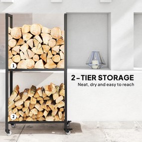 Outsunny Regał na drewno kominkowe do wnętrz Stal 60 x 30 x 119cm 2 poziomy z kółkami Czarny