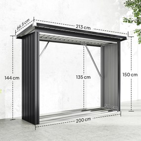 Wiata na drewno opałowe Outsunny, stal ocynkowana, podwyższona podstawa, dach jednospadowy, 213×66,5×150 cm, ciemnoszary