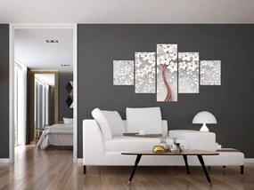 Obraz - Obraz białego drzewa z kwiatami, rosegold (125x70 cm)