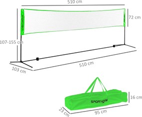 SPORTNOW Zestaw do badmintona z 2 rakietami, 3 lotkami, regulowana wysokość 107-155 cm, Czarno-Zielony