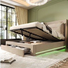 Łóżko ze schowkiem 140 x 190 cm z wezgłowiem i 2 szufladami - LED - Aksamit - Beż (bez materaca)