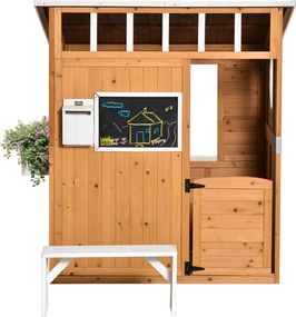 Outsunny Drewniany domek dla dzieci z natury, ze skrzynką pocztową i uchwytem na kwiaty, naturalny