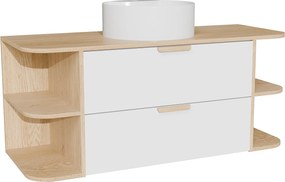 Wisząca szafka łazienkowa z wnękami i okrągłą umywalką nablatową – Biały i jasny naturalny – Szer.120 cm – AVORELI