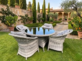 Zestaw mebli stołowych technorattan (4 fotele + okrągły stół) MODERNO jasno szary