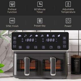 HOMCOM Frytkownica na gorące powietrze, 2 koszyki po 4 litry, 8 programów, światło, timer, 38,5 x 38 x 30,5 cm, Czarna