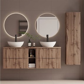 Zestaw do Łazienki 140cm Szafka Regał Blat Umywalka Słupek Ryflowane Fronty  Dąb Wotan Cleo