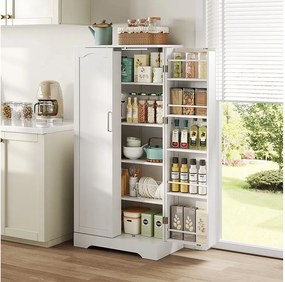 Kredens kuchenny - 60 x 35 x 128 cm - z oświetleniem LED + regulowane półki + 2 drzwi z miejscem do przechowywania - płyta MDF - biały