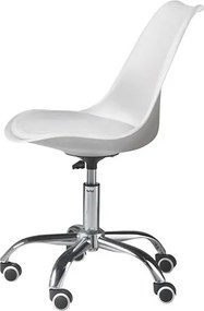 Biały obrotowy fotel biurowy "Dorian" z polipropylenu z siedziskiem ze skóry ekologicznej i chromowaną metalową podstawą cm 49x47 82/96h
