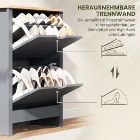 HOMCOM Szafka na buty z 2 klapowymi przegrodami, regulowana przegroda na 8-12 par butów, 72 x 26 x 80 cm, Ciemnoszary | Aosom PL