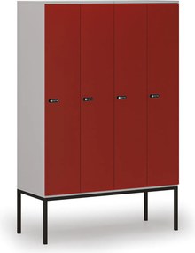 Drewniana szafa ubraniowa S4 z podstawą, 4-drzwiowa, 1871 x 1200 x 500 mm, demontaż, zamek mechaniczny z kodem, szary/czerwony
