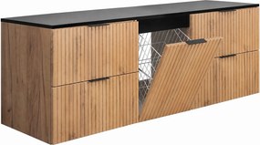 Szafka łazienkowa wisząca pod umywalkę z koszem na pranie, dąb craft / blat czarny, uchwyty czarne, 160 x 46 x 57 cm