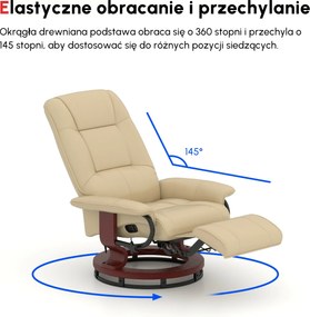 HOMCOM Fotel Relaksacyjny, Regulowany, z Funkcją Leżenia, do 120 kg, Ekoskóra, 78 x 87 x 100 cm, Kremowy