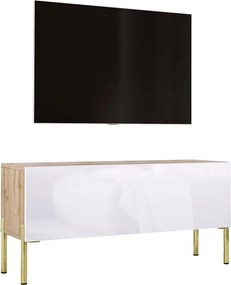 Szafka RTV Wotan Dąb / Biały Błyszczący, Złote Nogi, 100 x 52 x 32 cm