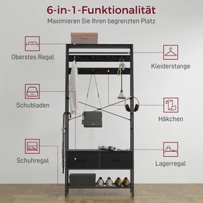 HOMCOM Stojak garderobiany z półką na buty w stylu industrialnym, 2 szuflady z materiału, 8 haczyków, metalowa rama, Czarny
