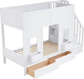 Łóżko piętrowe dla dzieci - 2 x 90 x 200 cm - ze schodkami do przechowywania + szufladami + barierką zabezpieczającą - drewno - białe