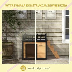 PawHut Drewniany domek dla psa z tarasem odporny na warunki atmosferyczne 121x77x78 cm czarno-żółty | Aosom PL
