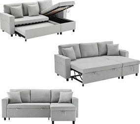 Sofa 3-osobowa, sofa rozkładana ze schowkiem i kieszeniami bocznymi, metalowa rama - jasnoszary len