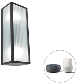 Zewnetrzna Inteligentna lampa ścienna zewnętrzna czarna z żebrowanym szkłem, w tym 2 WiFi A60 - Charlois Nowoczesny Oswietlenie zewnetrzne