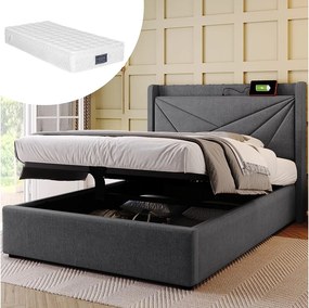 Łóżko dziecięce 90x200 cm - z zagłówkiem, portami USB i USB typu C, stelażem - szary len - materac w cenie