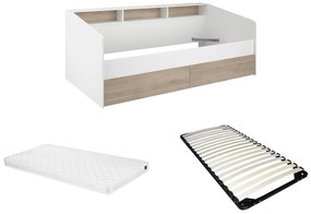 Łóżko  ze skrzynią i 90 x 190/200 cm - Biały i naturalny + Stelaż + Materac - PAULETTE