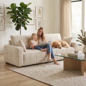 HOMCOM Sofa 3-osobowa z podłogowymi podłokietnikami, tapicerowana sofa do salonu, nogi drewniane, kremowo-biała | Aosom PL
