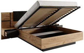 Łóżko ze skrzynią i szafkami nocnymi 140 x 190 cm - Z oświetleniem LED - Naturalny i antracytowy - ELYNIA