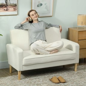 HOMCOM Sofa 2-osobowa, podwójna sofa z nogami z kauczukowego drewna, tapicerowana sofa do salonu, sypialni, kremowobiała