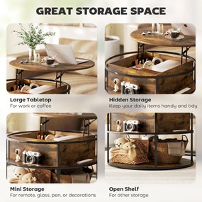 HOMCOM Okrągły Stolik Kawowy z Podnoszoną Blatem, Przestrzenie do Przechowywania, Boczne Półki, Stalowy Stelaż, Brązowy