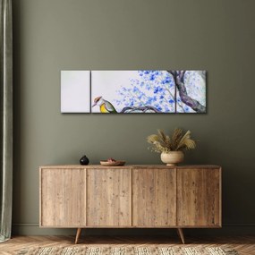 Obraz - ptak na drzewie z niebieskimi kwiatami (170x50 cm)
