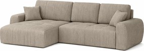 Narożnik w kształcie L z funkcją spania i pojemnikiem Ivo XL, tkanina sztruksowa Poso, Ciemnobeżowy, Lewy