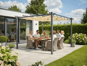 Pawilon ogrodowy Desire 3x4 m – nowoczesna altana tarasowa z aluminiową ramą i rozsuwanym dachem w kolorze ecru